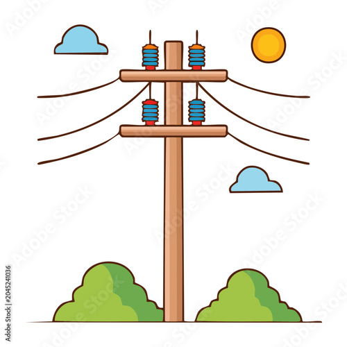 Flat design illustration of a power pole with lines and insulators