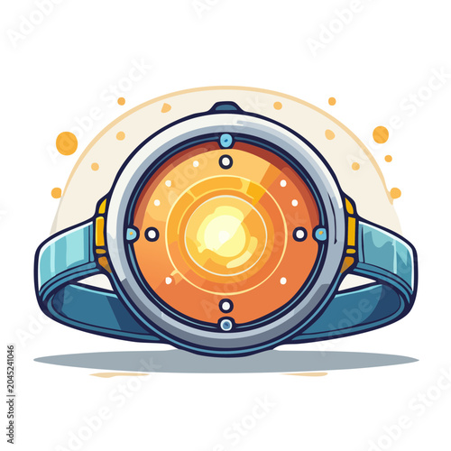 Futuristic device with glowing orange screen and blue strap