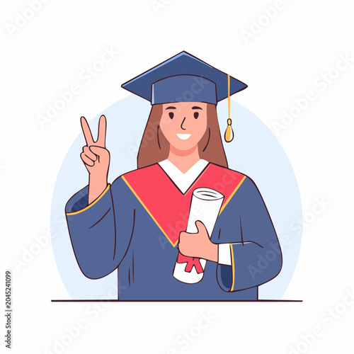 Happy Graduate Woman in Cap and Gown Holding Diploma, Making Peace Sign