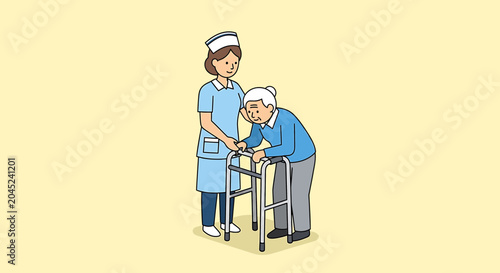 Nurse helping elderly woman with walker, healthcare assistance, support, caregiving, medical aid