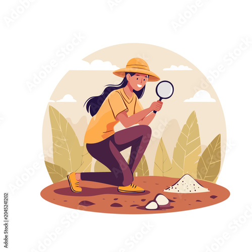 Woman archaeologist examining soil with magnifying glass