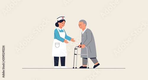 Nurse helps elderly patient walk with walker, healthcare assistance, senior care concept