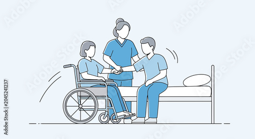 Nurse helps elderly woman in wheelchair transfer to bed with assistance from caregiver