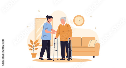 Nurse helps elderly person walk with walker at home, care and support concept
