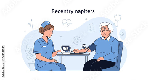 Nurse measuring blood pressure of elderly man, healthcare checkup, medical examination, doctor visit