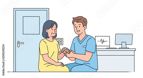 Nurse holding elderly patient's hand, offering comfort and care in a hospital room.