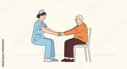 Nurse holding hands with elderly patient, showing care and compassion in a medical setting