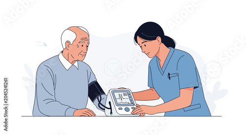 Nurse measuring blood pressure of an elderly man at home, healthcare concept