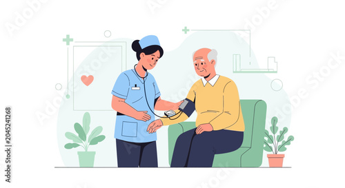 Nurse measuring blood pressure of elderly man, healthcare, medical check-up, doctor visit