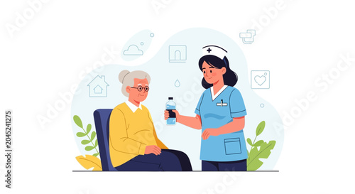 Nurse Offering Water to Elderly Woman at Home, Healthcare and Support
