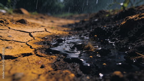 Obraz na płótnie 乾燥してひび割れた地面に雨が降り注いでいる、混ざって黒い液体上になる、