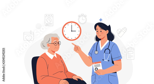 Nurse points at clock to elderly woman, healthcare, time management, medical appointment concept