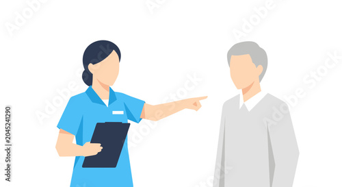 Nurse points to elderly man, discussing medical chart, healthcare concept
