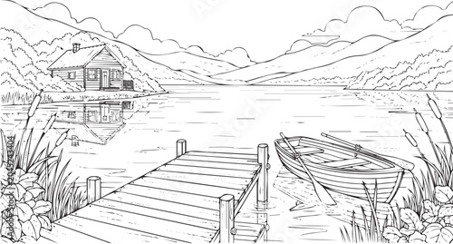Lake house silhouette coloring page for adults and kids