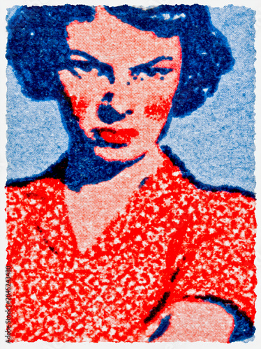 closeup on lithographic print on old paper: unhappy woman portrait