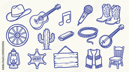 Fotografie Collection of Western-themed doodle icons including a cowboy hat, guitar, boots, and cactus