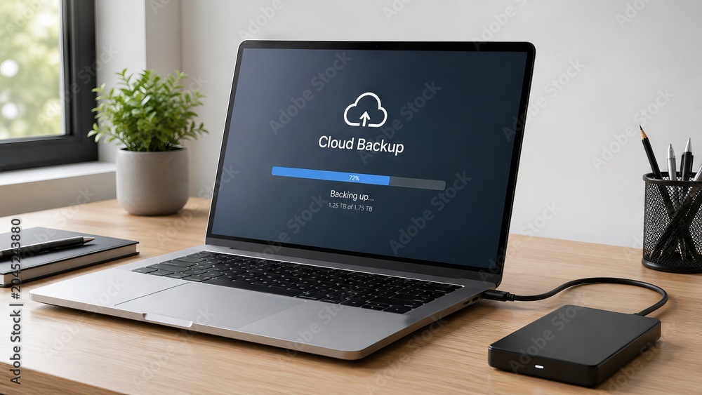 Fototapeta premium Laptop displaying cloud backup progress bar on screen for data synchronization. External hard drive connected to computer for digital storage and secure file transfer process