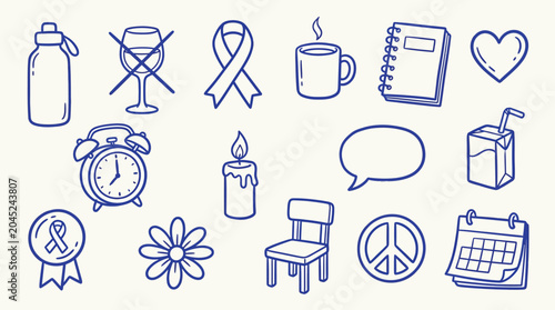 Valokuva Collection of hand-drawn icons representing various concepts like health, time, communication, and awareness