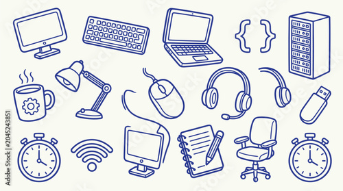 Collection of hand-drawn computer and office equipment icons on a white background.