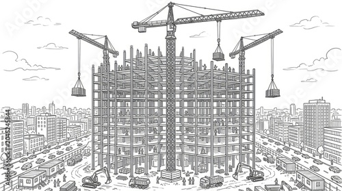 Detailed line art of a multi-building construction project site.