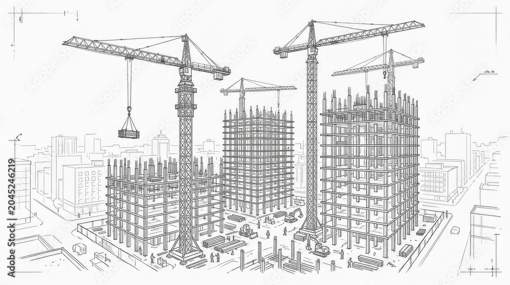Fototapeta premium Hand-drawn sketch of high-rise towers and construction cranes.