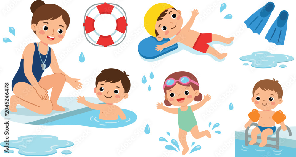 Fototapeta premium Children Swimming Lessons Vector Set with Instructor, Kids Learning to Swim, Pool Safety Icons, Kickboard, Lifebuoy, and Water Splashes for Educational Layouts