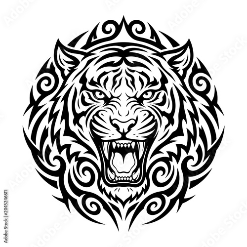 A powerful and majestic tiger's head depicted in a striking tribal art style, symbolizing untamed strength and ferocity