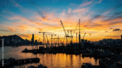 Coastal harbor construction cranes silhouette at sunset.