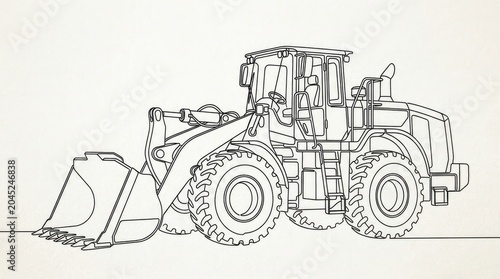 Single line drawing of a heavy wheel loader tractor.
