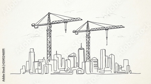 Minimalist one-line drawing of city skyline and cranes.