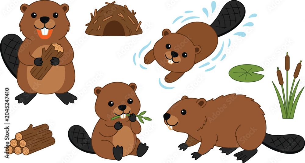 Fototapeta premium Cute Beaver Character Set with Wood Logs Mud Dam Swimmer and Cattail Plants Elements for Wildlife and Nature Children Vector Designv