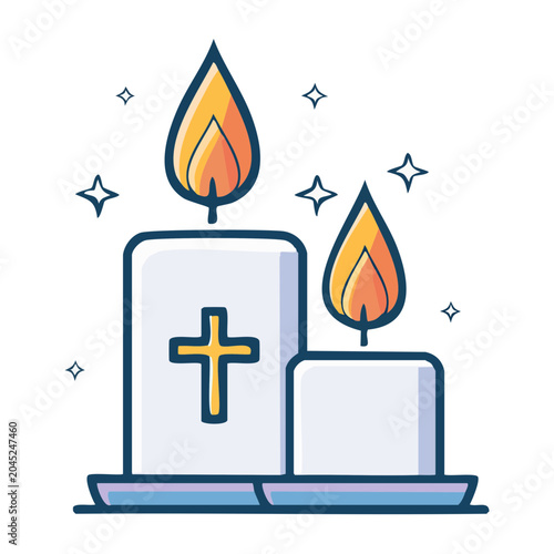 Two lit candles with a cross symbol and stars