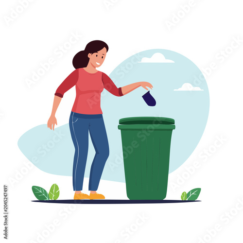 Woman throwing trash into a green bin