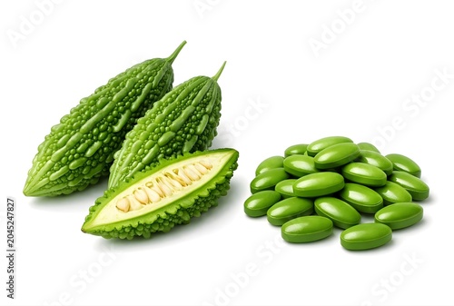Bitter melon supplement pills with fresh green bitter melon isolated on white background 