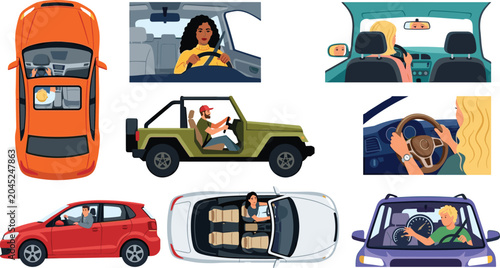 Car Driver Character Set with People Driving Vehicles Top View Side Profile Interior View SUV Convertible and Hatchback Automobiles Vector Illustration