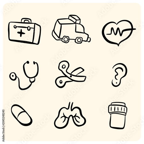 Medical care, healthcare equipment, and first aid elements doodle set