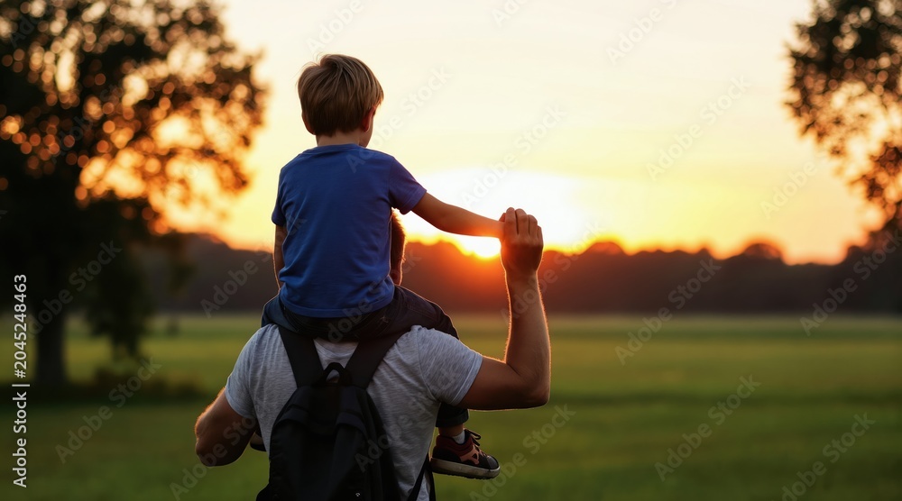 Fototapeta premium Father carries son on shoulders watching sunset over green field. Child holds dads hand in warm evening light. Family bond creates happy childhood memories.