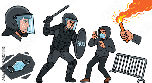 Riot Police and Protester Clash Vector Set Featuring Officer with Baton and Shield Hooded Activist in Mask Flare Hand Barricade and Helmet Icons