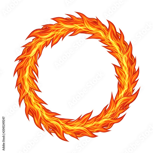 Bright fiery laurel wreath with orange and yellow flames in circular shape isolated on white background