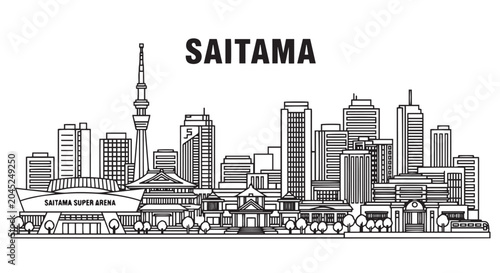 Quadro su tela Saitama Japan City Skyline Black Outline Illustration