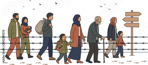 Displaced Families and Refugees Walking Along Barbed Wire Fence with Children and Elderly People Migration and Humanitarian Crisis Concept Vector Illustration