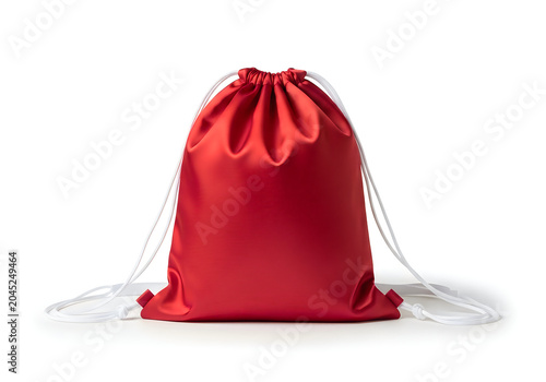 Red drawstring pouch with white strings closed isolated on white background