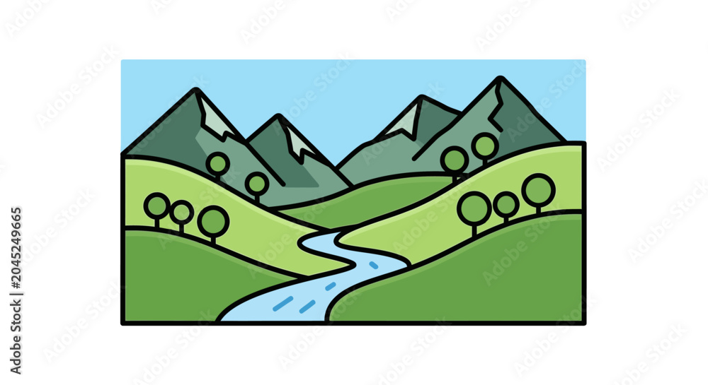 Fototapeta premium Stylized Mountain Landscape with River and Trees