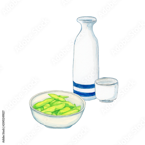 Fotografía 手描き水彩の枝豆と日本酒（徳利とお猪口） / Hand-painted Watercolor Edamame and Sake Set with Tokkuri