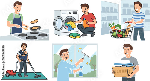 Man Doing Housework Icon Set with Male Character Cooking, Doing Laundry, Grocery Shopping, Vacuuming, and Cleaning Windows Vector Illustrations