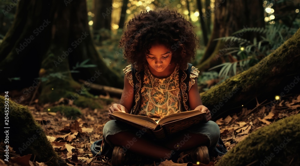 Naklejka premium Young Black girl sits cross-legged in autumn forest reading old book. Magical glowing particles float around her as she studies pages. Sunlight filters through trees creating atmospheric mood.
