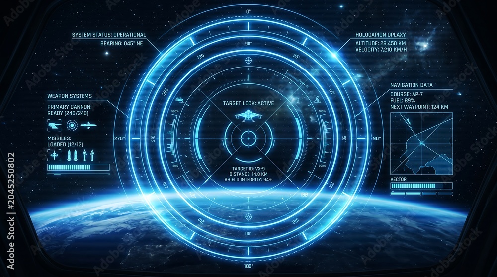 Fototapeta premium Futuristic blue circular HUD interface with Earth view from space