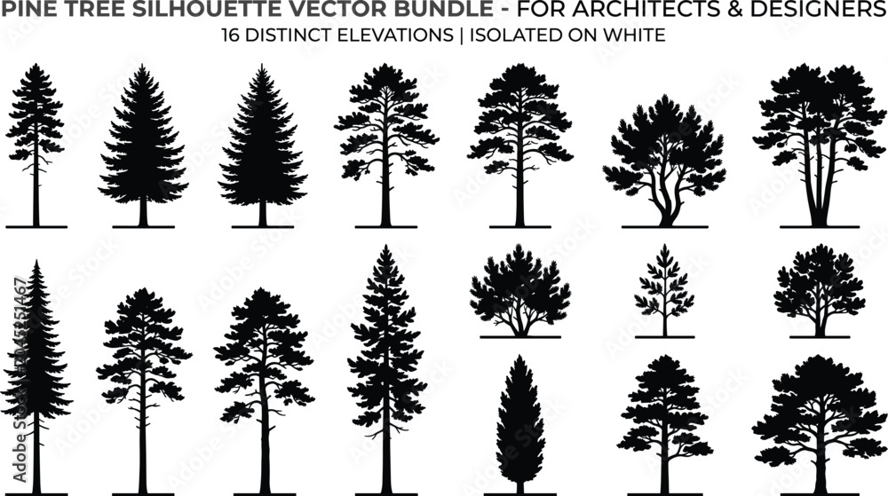 Fototapeta premium Bundle of sixteen black pine tree silhouettes with varied elevations and canopy structures for architectural, landscape, and design projects