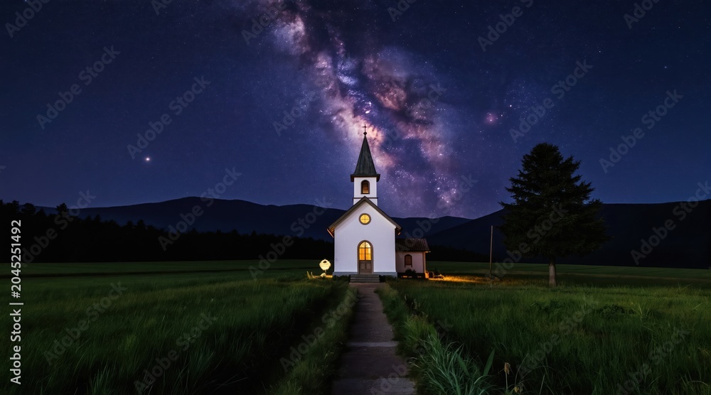 Obraz premium White chapel stands on grassy field under starry sky. Milky Way galaxy arches above. Peaceful night scene in rural landscape. Light glows from chapel windows.
