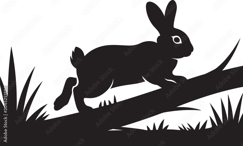 Obraz premium Black rabbit silhouette walking on a fallen log in a field of grass